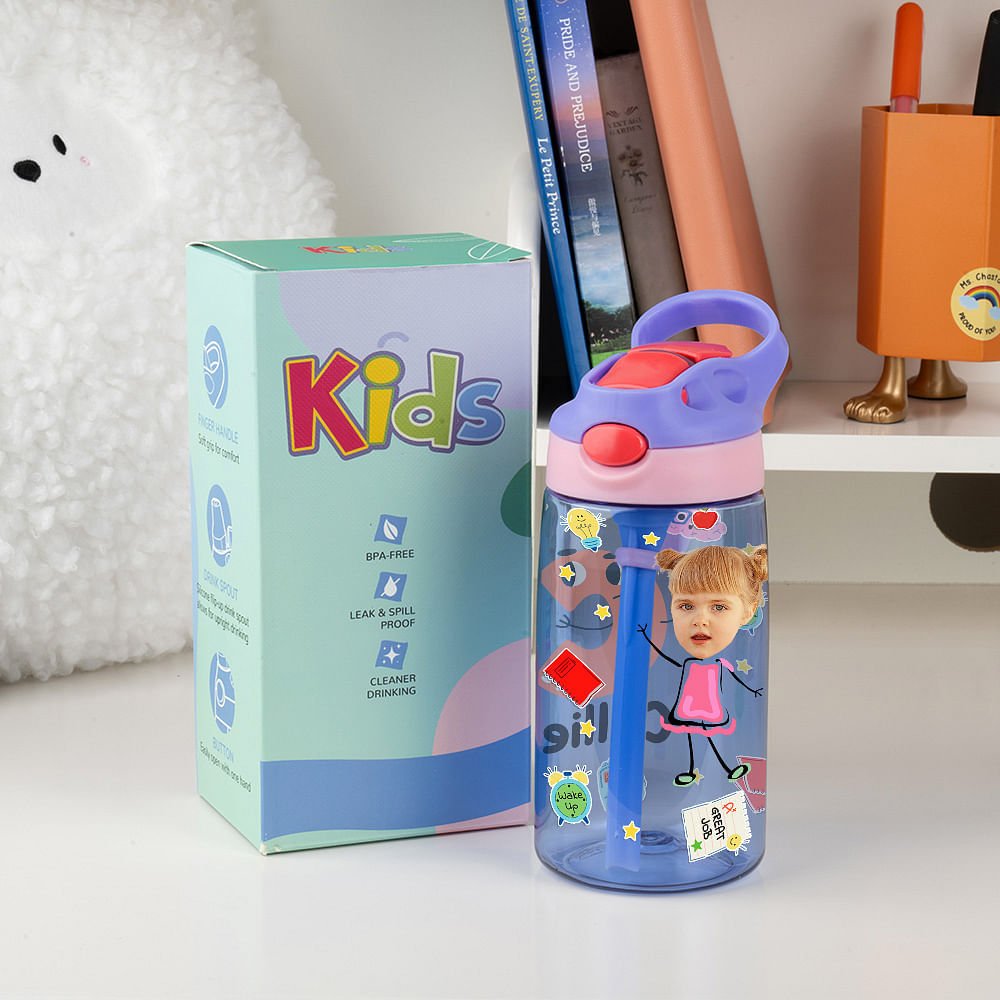 Create Their Own Adventure: Personalized Cartoon Photo Water Bottle for Kids! 16oz Spill-Proof Sipper with Handle & Straw - Perfect Birthday/Back-to-School Gift