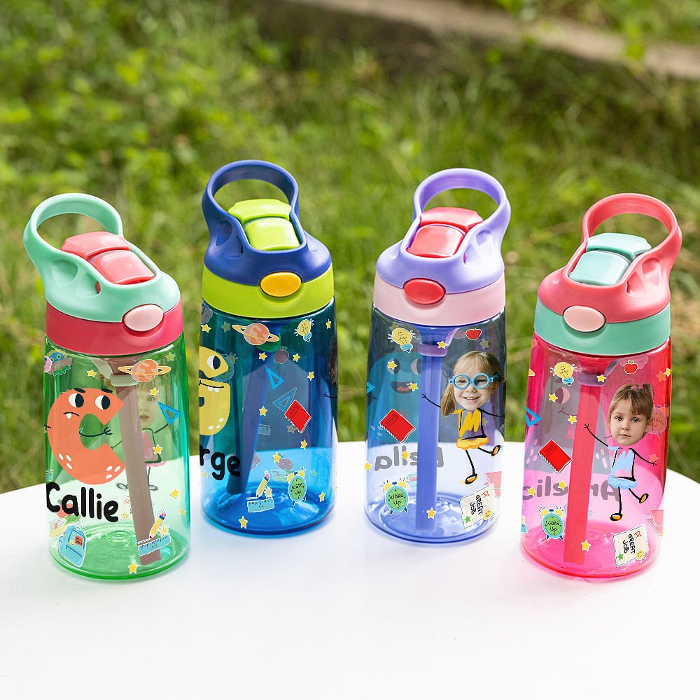 Create Their Own Adventure: Personalized Cartoon Photo Water Bottle for Kids! 16oz Spill-Proof Sipper with Handle & Straw - Perfect Birthday/Back-to-School Gift