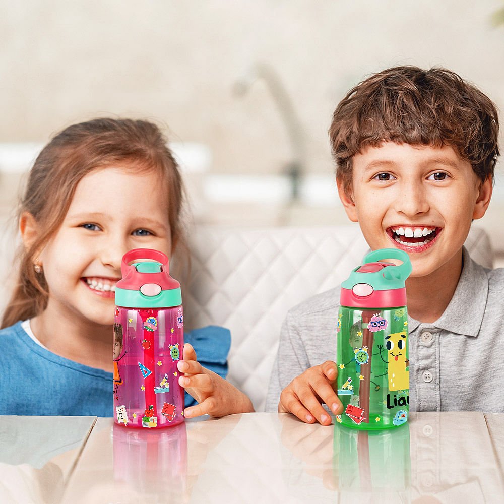 Create Their Own Adventure: Personalized Cartoon Photo Water Bottle for Kids! 16oz Spill-Proof Sipper with Handle & Straw - Perfect Birthday/Back-to-School Gift