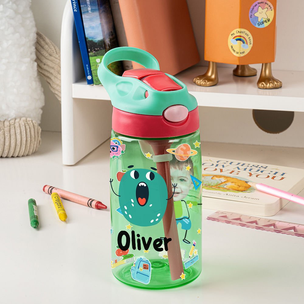 Create Their Own Adventure: Personalized Cartoon Photo Water Bottle for Kids! 16oz Spill-Proof Sipper with Handle & Straw - Perfect Birthday/Back-to-School Gift
