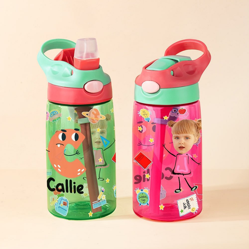 Create Their Own Adventure: Personalized Cartoon Photo Water Bottle for Kids! 16oz Spill-Proof Sipper with Handle & Straw - Perfect Birthday/Back-to-School Gift