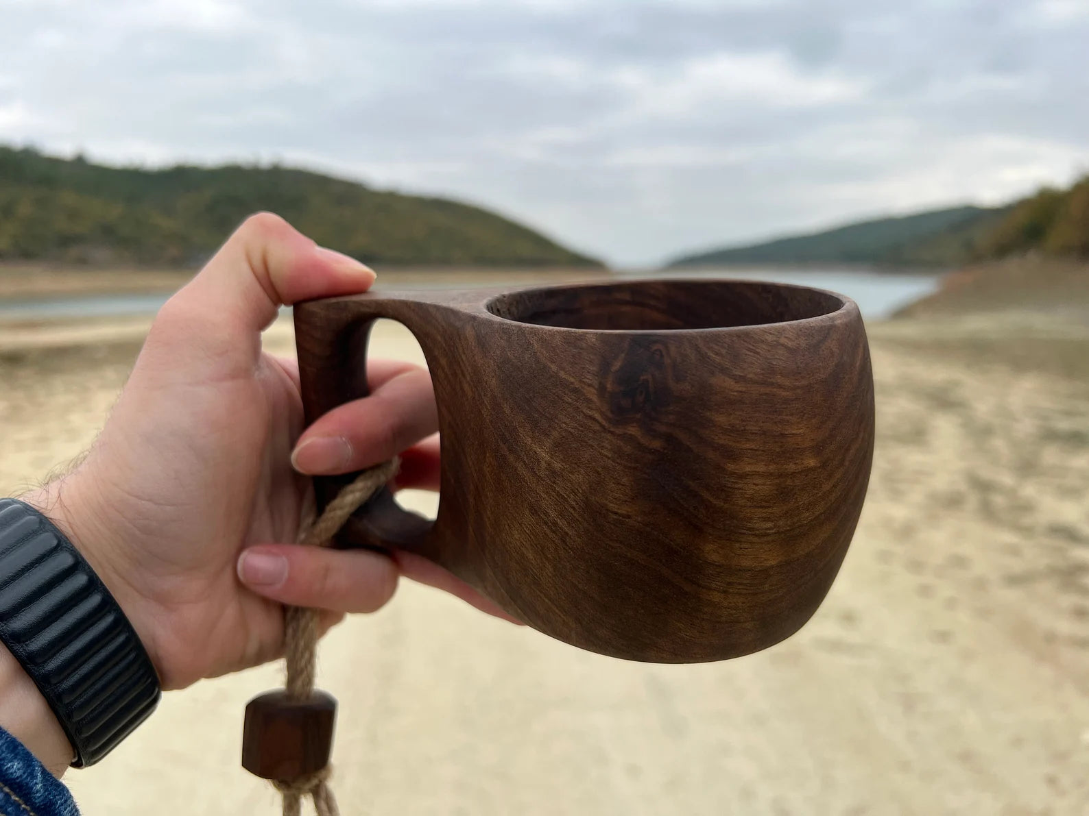 Hand-Carved Wooden Cup with Wide Holed Handle – Rustic Natural Mug